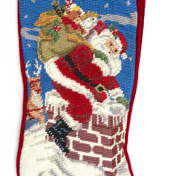 Wool Needlepoint Stocking Santa Claus Reindeer Chimney Presents Christmas Decor - Picture 2 of 6